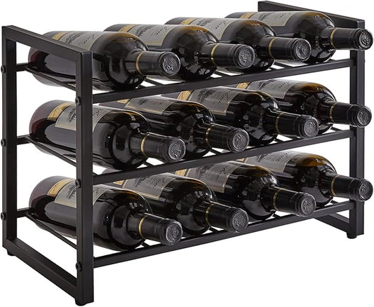 IBUYKE Wine Racks Countertop, 3 Tiers Metal Wine Rack,Wine Rack Freestanding Storage 12 Bottle Capacity, for Home Kitchen, Pantry, Wine Cellar, Bar, Black UTMJ906H