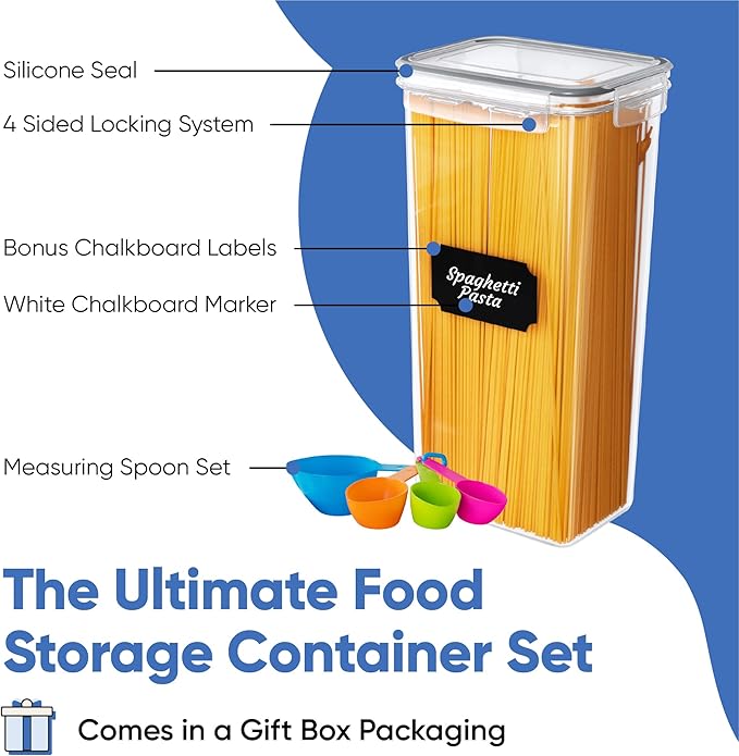 Airtight Food Storage Container Set - 24 Piece, Kitchen & Pantry Organization, BPA-Free, Plastic Canisters with Durable Lids Ideal for Cereal, Flour & Sugar - Labels, Marker & Spoon Set
