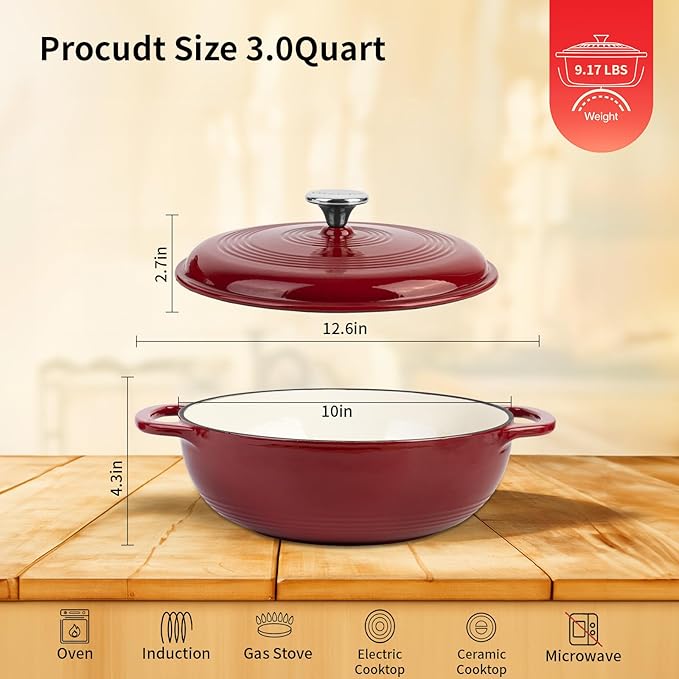 Enameled Cast Iron Dutch Oven Pot with Lid, 3 Quart Shallow Dutch Oven, Oven Safe up to 500° F, Suitable for Bread Baking, Braising, Roasting, Stews, Red
