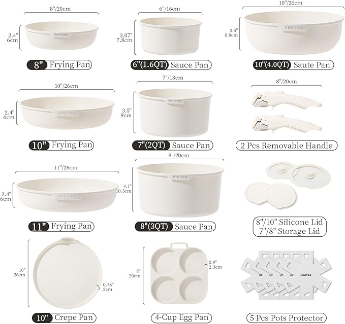 JEETEE Nonstick Pots and Pans Set with Removable/Detackable Handle (Beige, 20 pcs)