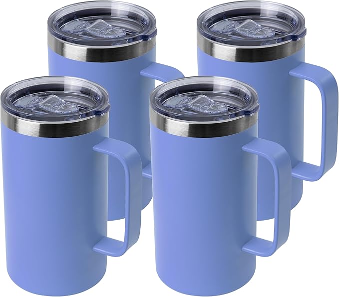 DOMICARE 24oz Mug with Handle and Lid, Stainless Steel Coffee Mug, Travel Mug with Handle, Double Wall Vacuum Coffee Tumbler, Reusable Insulated Cup, Blue, Pack 4
