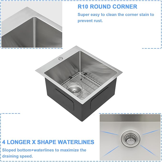 Lordear 18x20x10 inch Drop in Kitchen Sink Topmount Bar Sink 16 Gauge Single Bowl Stainless Steel Bar Outdoor Sinks