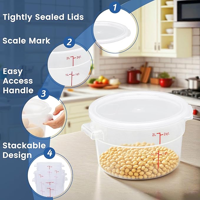 4 Pack 2QT Round Food Storage Containers with Lids, BPA-Free Polypropylene NSF Commercial Food Container, with Labels & Measuring Cup