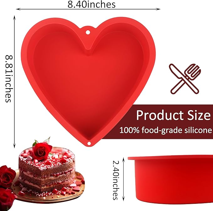 MILIVIXAY 2PCS Heart Shaped Cake Pans, 8 Inch Cake Mold, Red, Thick Style, Completely Non Stick, Food Grade Silicone, Easy To Store and Wash, Microwave, Freezer and Oven Safe.