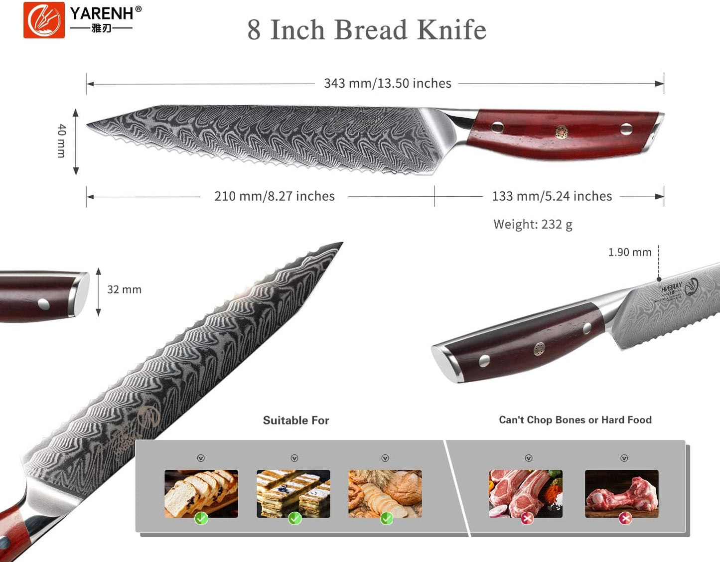 YARENH Damascus Bread Knife - 8-Inch Ultra-Sharp Serrated Knife,67-Layer Damascus Steel Blade, Long-Lasting Performance, Exquisite Sandalwood Handle, Ideal for Gifting