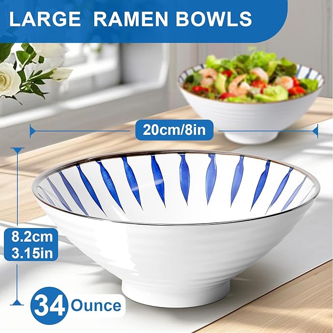 8-Inch Ceramic Ramen Bowl Set of 2 (9 Piece) - Porcelain Japanese Salad Noodles Cereal Fruit Pasta Soup Large Bowls with Recipes Chopsticks Forks Spoons for Men Women Gift Microwave & Dishwasher Safe