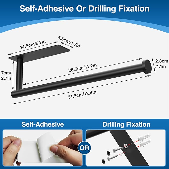 Paper Towel Holder - Self-Adhesive or Drilling, Matte Black Wall Mounted Rack - SUS304 Stainless Steel Kitchen Roll Holder Under Cabinet (2 Pack)