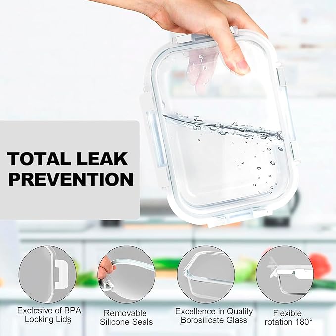 VERONES 10Pack Glass Meal Prep Containers, Airtight Glass Lunch Containers,Stackable Food Storage Containers Set with Lids,Exclusive of BPA, for Microwave,Oven, Freezer&Dishwasher Friendly,White