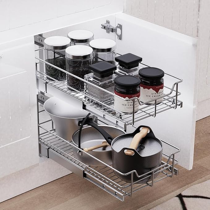 2 Tier Pull Out Cabinet Organizer 11" W X 17" D, Slide Out Drawers for Kitchen Cabinets, Pull Out Drawers for Cabinets Capacity Heavy Duty Caddy, Cabinet Pullout Shelves Chrome-Plated,Bathroom Pantry