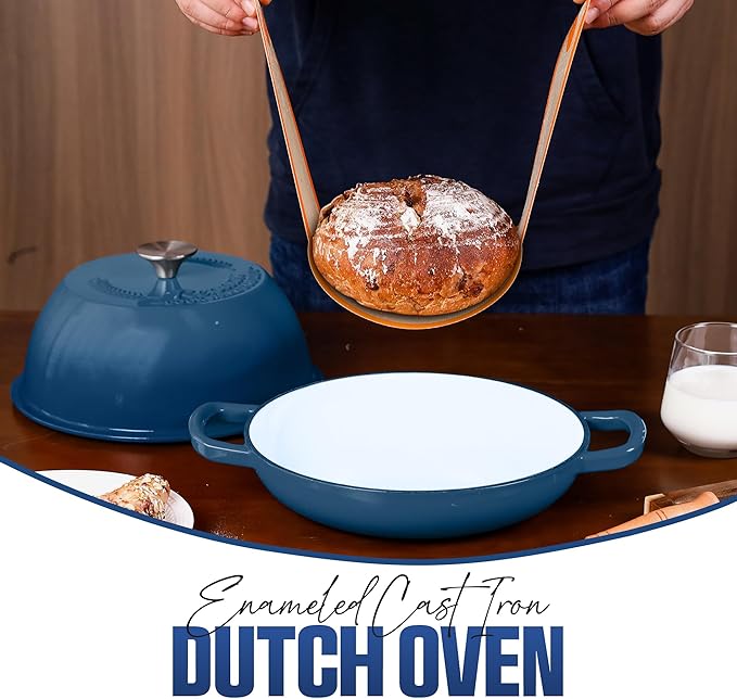 Enameled Cast Iron Dutch Oven Pot with Lid - Dutch Oven for Sourdough Bread Baking - With 5 Blade Bread Lame & Non-Stick Silicone Sling perfect for Sourdough Breads & more. Cast Iton Enamel Braiser Pan with Lid (BLUE, 6 Quart Sourdough Pot)