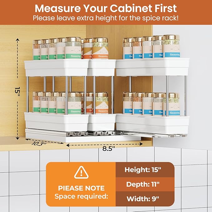Pull Out Spice Rack Organizer for Cabinet, Slide Out Spice Racks Organizer, Easy to Install Spice Cabinet Organizers, 2.3''Wx10.35''Dx8.26''H, 3 Pack-2 Tier(White)