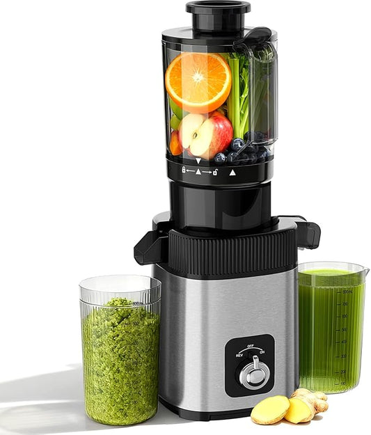 Cold Press Juicer Machine, 4.4" Wide Feed Chute, Slow Masticating Juicer for Whole Vegetables & Fruits, High Juice Yield, Easy to Clean & Assemble, One-Touch Knob Control