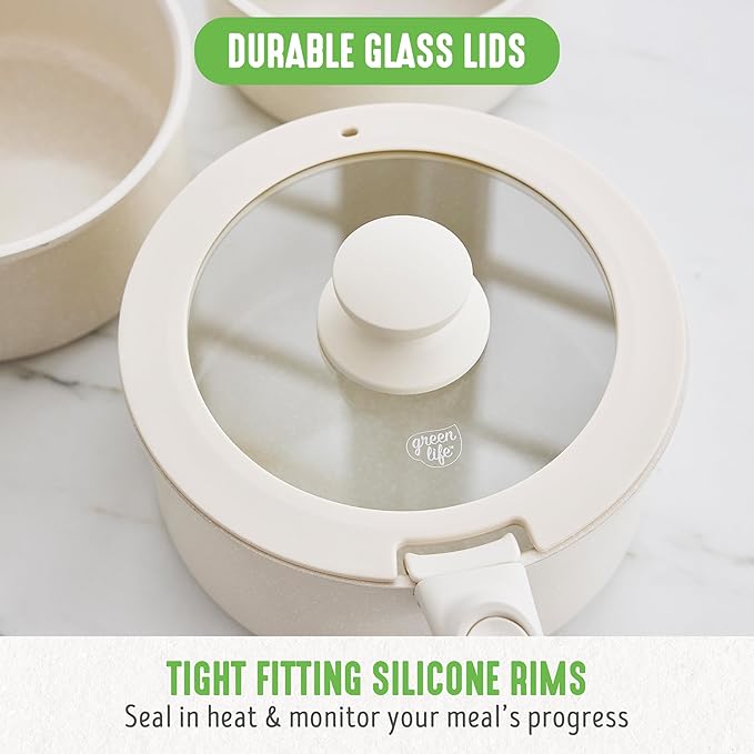 GreenLife 10 Piece Nonstick Pots & Pans Set, Detachable Handle & Stackable Cookware Set, Non Toxic PFAS-Free Skillets, Induction Kitchen Pans, Space Saving, Serving Bowls, Oven Safe, Speckled Cream