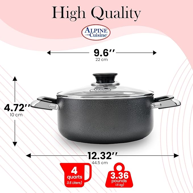 Alpine Cuisine 4 Quart Non-stick Stock Pot with Tempered Glass Lid and Carrying Handles, Multi-Purpose Cookware Aluminum Dutch Oven for Braising, Boiling, Stewing