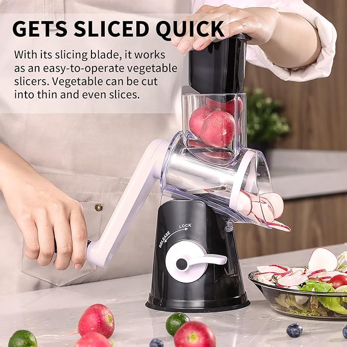 Rotary Cheese Grater, 3 in 1 Cheese Shredder Grater Rotary with Handle, Vegetable Mandoline Slicer Shredder for Vegetable, Cheese, Nut