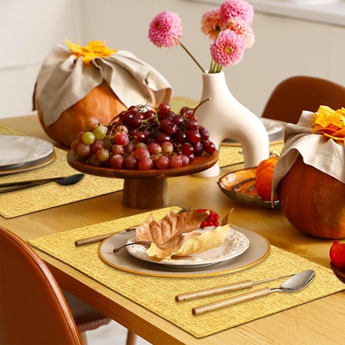 Homaxy Cloths Placemats for Dining Table Set of 4, Heat Resistant Washable Cotton Linen Blend Table Mats, Ideal for Kitchen Party Dining Decoration, 13" x 19", Mustard Yellow