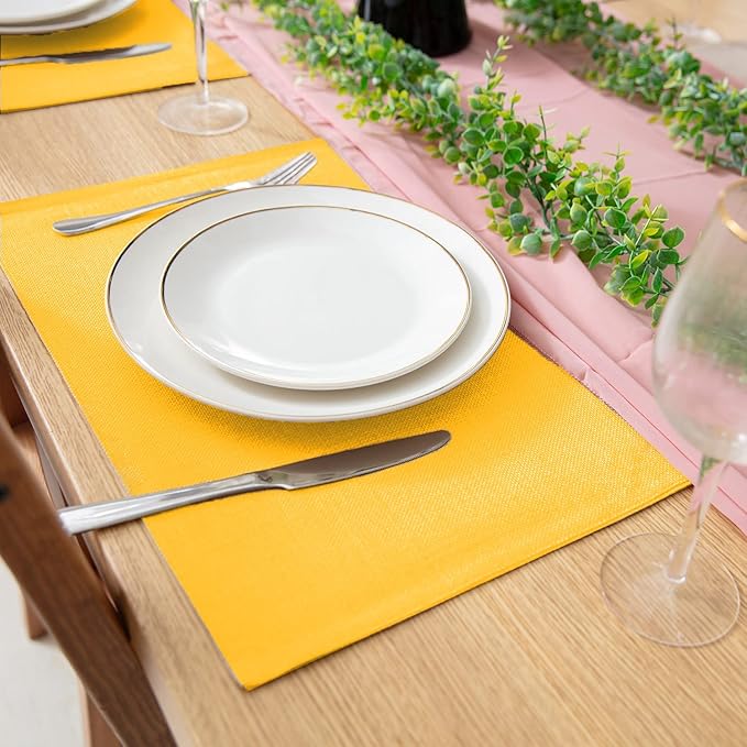 Linen Fabric Placemats Set of 6, Machine Washable, Heat Resistant, Wrinkle Free, Thick Polyester Kitchen Place Mats for Dining Table (Yellow)
