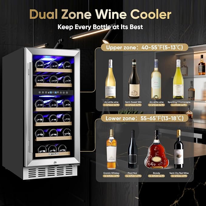 15 Inch Wine Cooler Under Counter, 30 Bottle Dual Zone Wine Fridge with Stainless Steel Glass Door, Built-In or Freestanding Wine Cellar with Digital Temperature Control for Home, Kitchen, or Office