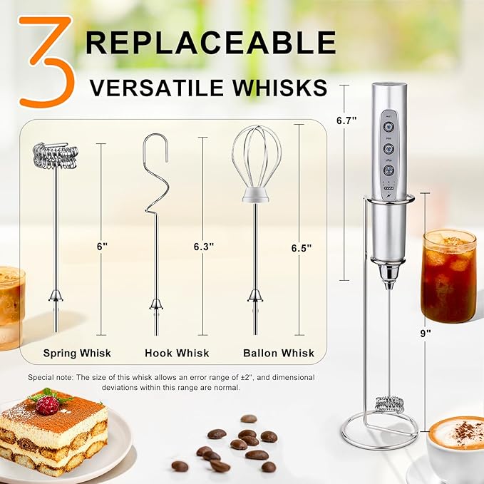 YUSWKO Silver Rechargeable Milk Frother for Coffee with Stand, Handheld Drink Mixer with 3 Heads 3 Speeds Electric Stirrers for Latte, Cappuccino, Hot Chocolate, Egg