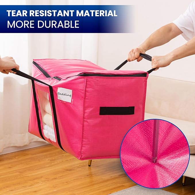 TAILI 4 Pack Pink Extra Large Moving Bags, Heavy Duty Totes with Visible Window, Wrap Around Handles, Great for Storage, Space-Saving