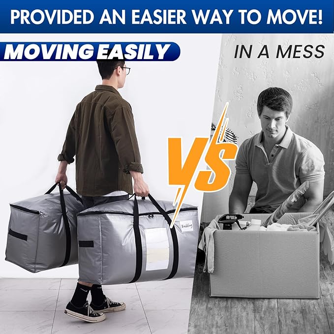 TAILI Extra Large Moving Bags, 4 Pack Silver Heavy Duty Totes for Storage with Visible Window, Wrap Around Handles, Space Saving Storage Bags for Moving Supplies, Alternative to Moving Boxes