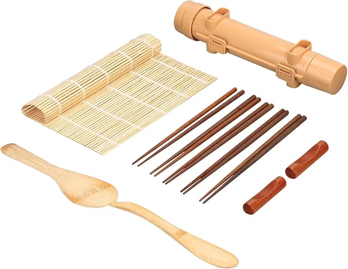 Sushi Making Kit,1 Bamboo Sushi Mat,1 Rice Bazooka, 5 Pairs of Chopsticks, 2 chopsticks holder,1 Paddle, 1 Spreader, ideal gift for Sushi making Beginner