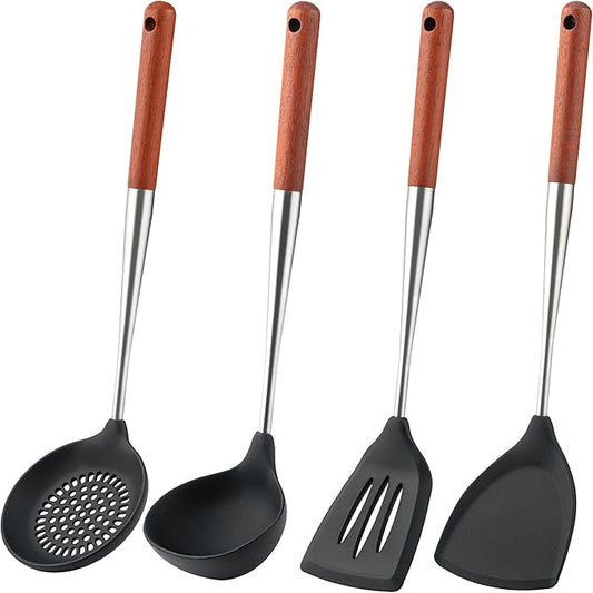 FJNATINH Silicone Spatula - Turner - Ladle - Skimmer Set - Wok Utensil Tool Set,Stainless Steel Non Stick Heat-Resistant Cooking Utensils BPA Free Kitchen Utensils Cookware Wooden Handle, Pack of 4