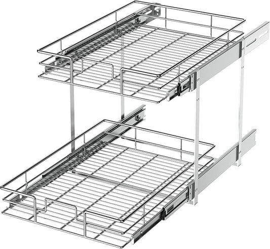 LOVMOR 2 Tier Individual Pull Out Cabinet Organizer 14½" W x 21½" D, Slide Out Kitchen Cabinet Storage Sliding Shelves