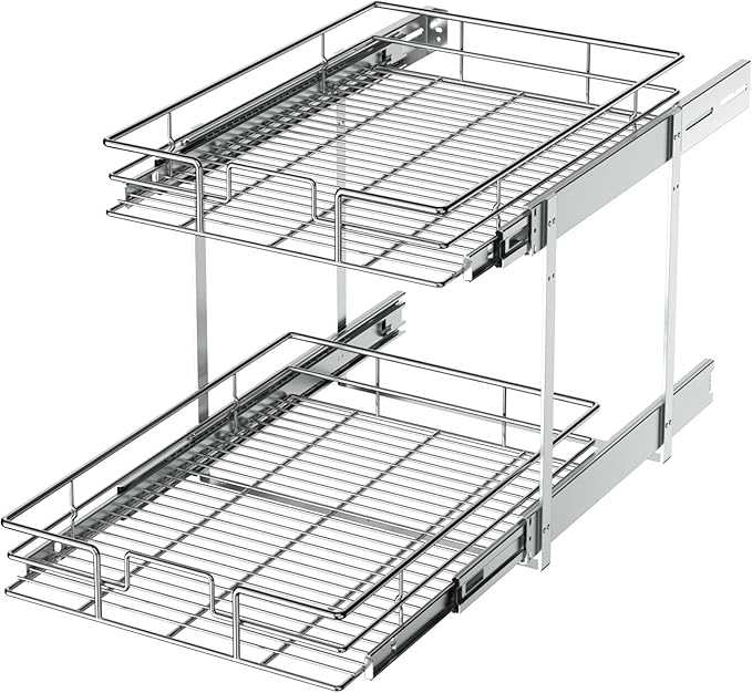 LOVMOR 2 Tier Individual Pull Out Cabinet Organizer 12½" W x 21½" D, Slide Out Kitchen Cabinet Storage Sliding Shelves