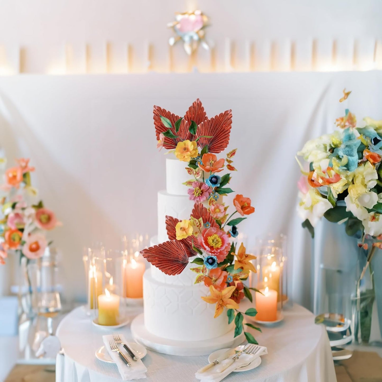 Gyufise 6Pcs Paper Palm Fan Cake Toppers Palm Spear Leaves Fan Cupcake Toppers Cake Insert Decorations Craft DIY Cake Bakeware Decoration for Birthday Wedding Party Supplies Light Rose Gold