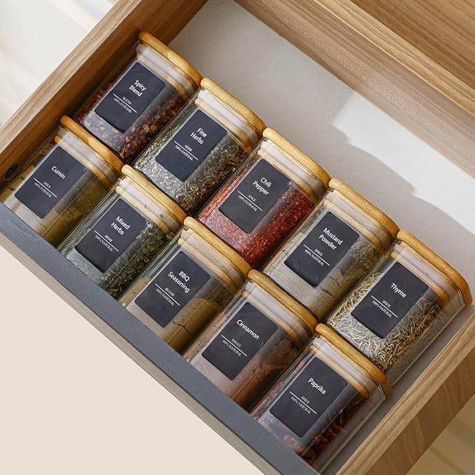 10Pcs 7oz Spice Jars Glass Container with 275 Labels, Airtight Seasoning Empty Organizer with Bamboo Lid Set for Pepper, Salt, Sugar