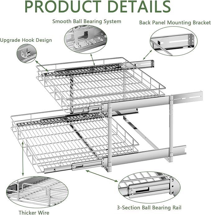 2 Tier Individual Pull Out Cabinet Organizer 28½" W x 21½" D, Heavy Duty Cabinet Pull Out Shelves, Slide Out Drawers Organization for Kitchen Cabinets Bathroom