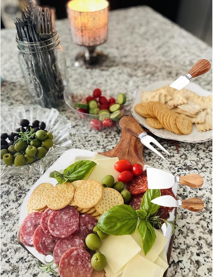 Marble and Acacia Wood Cheese Cutting Board with 4Pcs Cheese Knife Set,Luxury Charcuterie Serving Board w Utensils| Handmade Easy Grip Handle Appetizer Platter Display Tray (13.78 IN*7.08 IN*0.8 IN)