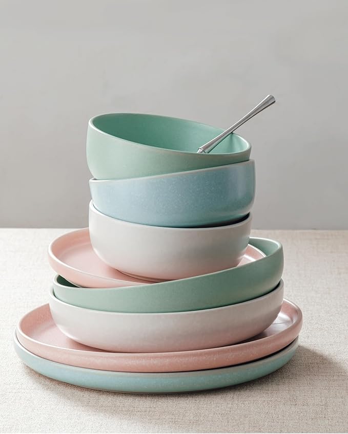 Famiware Milkyway Plates and Bowls Sets, 12 Pieces Dinnerware Sets, Reactive Glaze Dish Set, Stoneware Dishes Set for 4, Matte Multi-color