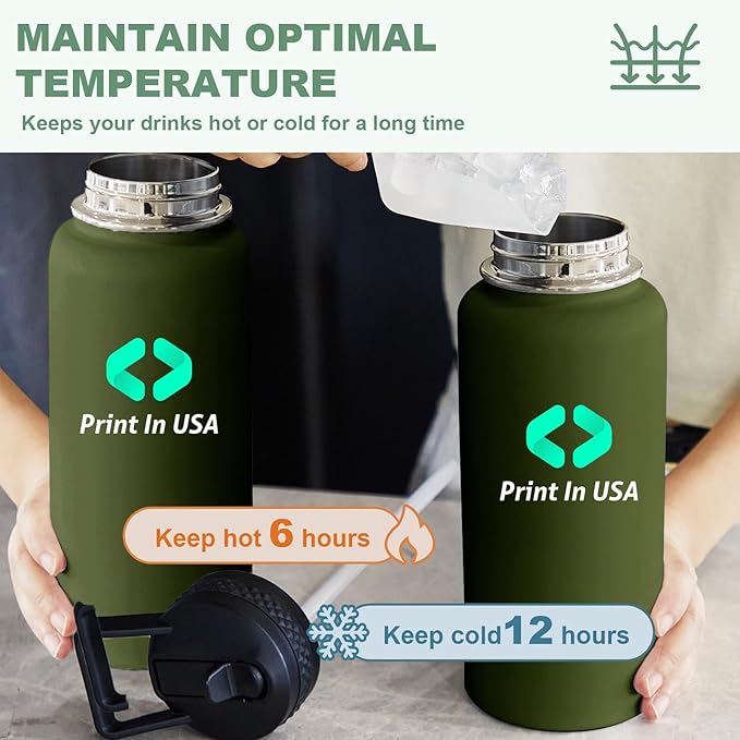 Personalized Custom Print in USA Water Bottle 32oz Stainless Steel Double Wall Coffee Cup with Lid & Straw Insulated Tumbler with Colorful Text Logo Photo