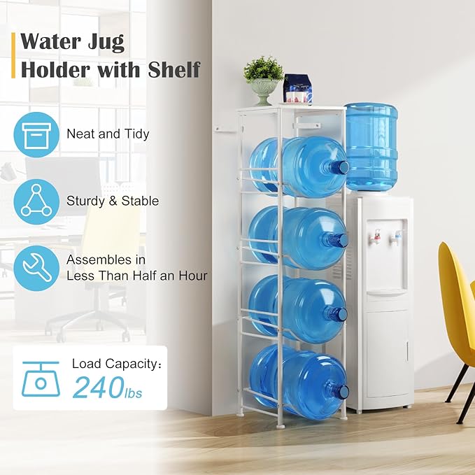 Vrisa 5 Gallon Water Jug Holder with Storage Shelf Water Bottle Holder Organizer 4 Tier 3/5 Gallon Water Jug Stand Rack Heavy Duty Water Dispenser Rack for Home Office Kitchen, White