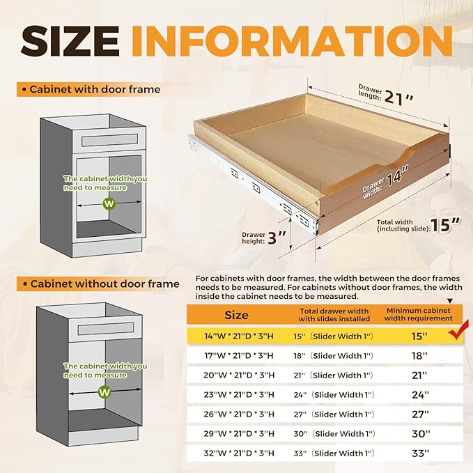 Pull Out Drawers for Cabinet Wood Slide Out Cabinet Organizer and Storage Cabinet Kitchen Drawers Slide Out Shelves Pull Out Shelves in Kitchen Pantry Bathroom with Soft Close 15"W x 22"D x 3"H