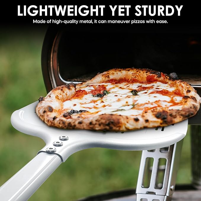 Pizza Peel – 12'' Aluminum Perforated Launch Placement Retrieving Peel – Metal Hanging Hook – Lightweight Turning Peel – Non-stick Pizza Paddle – Outdoor Pizza Oven Accessories