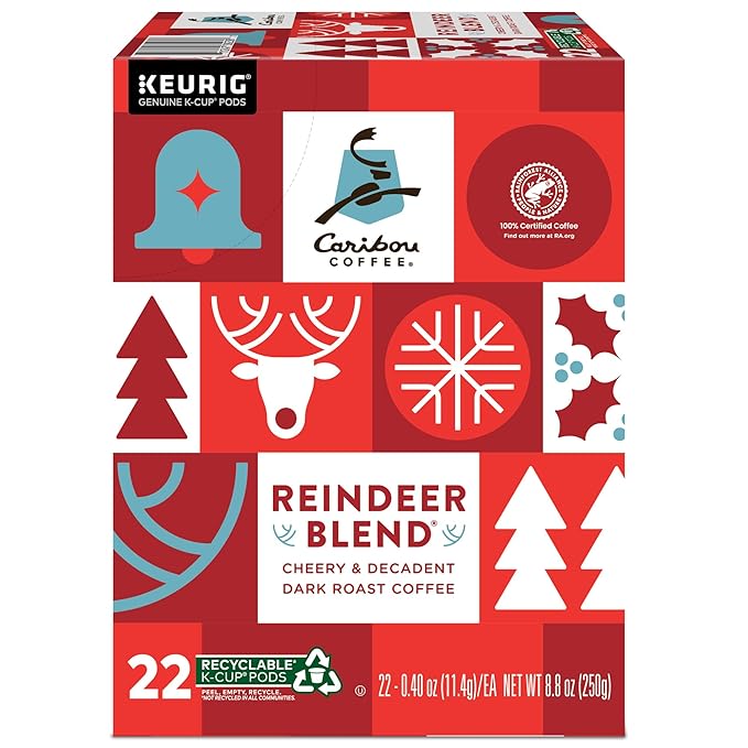 Caribou Coffee Reindeer Blend, Single-Serve Keurig K-Cup Pods, Dark Roast Coffee Pods, 88 Count