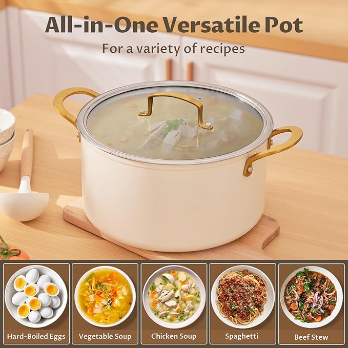 BEZIA 8 Quart Ceramic Stock Pot, Non Toxic Soup Pots with Lid, Non Stick Pot with Stainless Steel Handle, Compatible With Most Cooktops, Even Heat Distribution, Perfect for Soups & Stews, Cream
