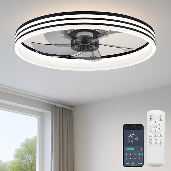 20‘’ Ceiling Fan with Light, Upgraded Low Profile Fan, Flush Mount Ceiling Fan, 6 Speeds, Dimmable LED, App & Remote Control, Quiet DC Motor, for Bedroom, Living Room, F118 Black