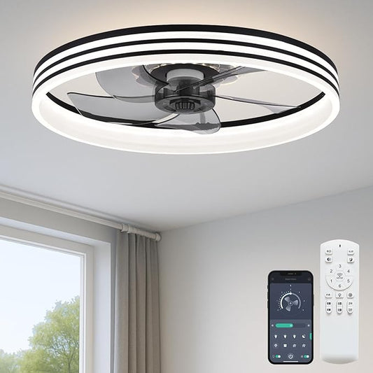 20‘’ Ceiling Fan with Light, Upgraded Low Profile Fan, Flush Mount Ceiling Fan, 6 Speeds, Dimmable LED, App & Remote Control, Quiet DC Motor, for Bedroom, Living Room, F118 Black