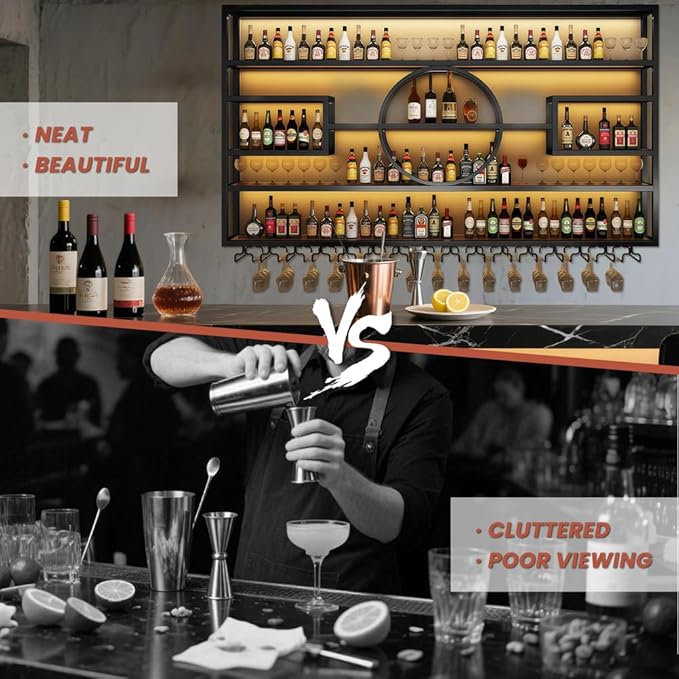 55" Wall Mounted Wine Rack with LED Light, 4 Tiers Bottle & Glass Holder, Metal Retro Wine Stand, Liquor Bottles Display Wall Storage Organizer, for Kitchen Dining Room Home Bar,55x8x51 inch