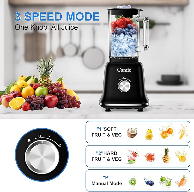 Glass Blenders for Kitchen with 750W, 54Oz. Countertop Blender Glass Jar Food Processor Combo, BPA-Free Blender for Smoothies, Ice Crush,Nuts, Frozen Drinks and Fruits (Black)