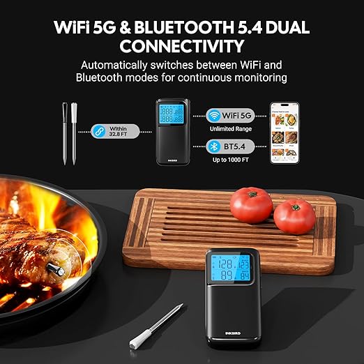 INKBIRD Wireless Dual Mode Multi-Sensor Meat Thermometer, WiFi 5G and Bluetooth 5.4 Connection, 2 Probes with 5 Sensors, CNAS-accredited Accuracy, for BBQ, Grill, Smoker, Oven, Kitchen