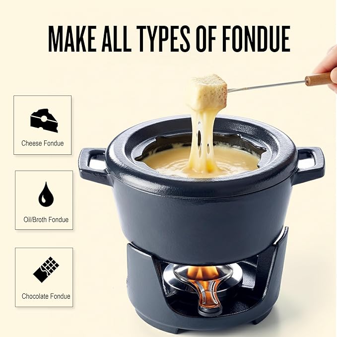 Alva Nori Cast Iron 2-Qt Fondue Pot Set – Made With No PTFE/PFOA/PFAS, Oven Safe – Works on Induction – 3-Layer Enamel, Easy to Clean, No Seasoning Needed – Includes 8 Forks, Burner & Stand