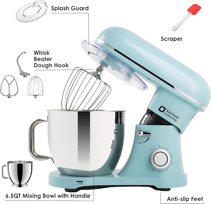 Kitchen in the box Stand Mixer - 6.5 Quart Mixing Bowl with Handle, 900 Watt Powerful Heavy Bread Dough Standing Mixers Tilt-head with Dough Hook, Whisk, Flat Beater and Splash Guard (Blue)