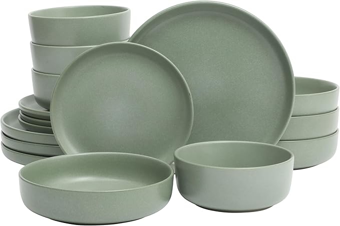 Gibson Elite Pasco 16 Piece (Service for 4) Plates and Bowls Double Bowl Reactive Glaze Dishes Stoneware Ceramic Dinnerware Set - Green