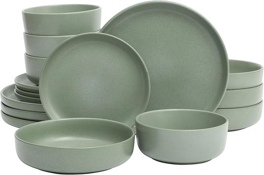 Gibson Elite Pasco 16 Piece (Service for 4) Plates and Bowls Double Bowl Reactive Glaze Dishes Stoneware Ceramic Dinnerware Set - Green