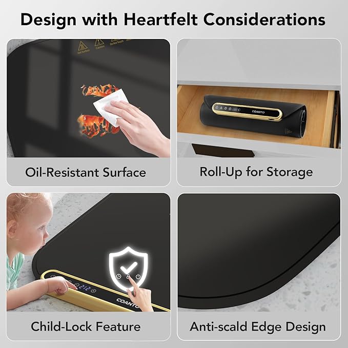 Coanto Food Warming Mat, Electric Warming Tray for Buffets & Parties, Silicone Heating Mat with 7 Temperature Settings, Roll-Up Storage, 17.91"x12.8", Black